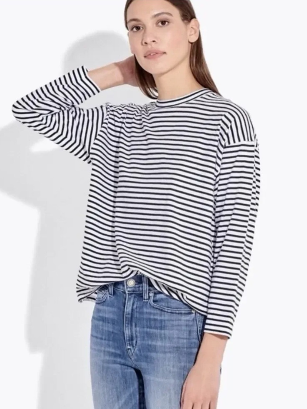 AYR Black & White Stripe Pima Cotton Long Sleeve French Fry Tee Top Sz. L